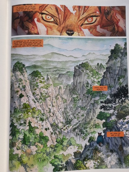 Comicseite  - erst ein nahes Bild des Gesichts einer Füchsin dann ein Tal mit Felsen und Bäumen in dem sie sich bewegt
