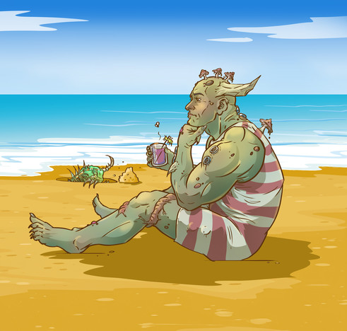 Plague Marine with a purple drink (with a maggot on a stick in it) wearing an old fashioned striped bathing suit sitting on a beach. His pet demon is digging a giant hole in the back.