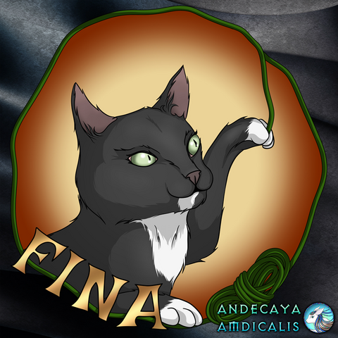 Portrait of a cat in the form of a logo. “Fina” can be read at the bottom left, the round area is bordered by a ball of wool and a thread extending from it. In the middle of the resulting circle you can see the head and front paws of a cat, one paw playfully grabbing the thread. The cat is black and has a white chest, white paws and a white spot on its mouth. The eyes are light green.