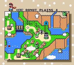 The overworld view of Super Mario World. Mario is standing next to castle 2 in Donut Plains, which is the second area of the game. 