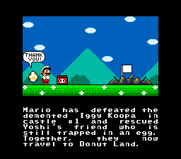 A screenshot from a cutscene. Mario has defeated the first boss and destroyed his castle, saving a Yoshi egg in the progress. 