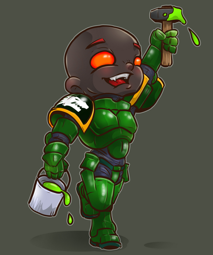 Chibi drawing of a Salamanders Astartes holding a bucket of paint and a smithing hammer covered in paint. He looks very happy.
