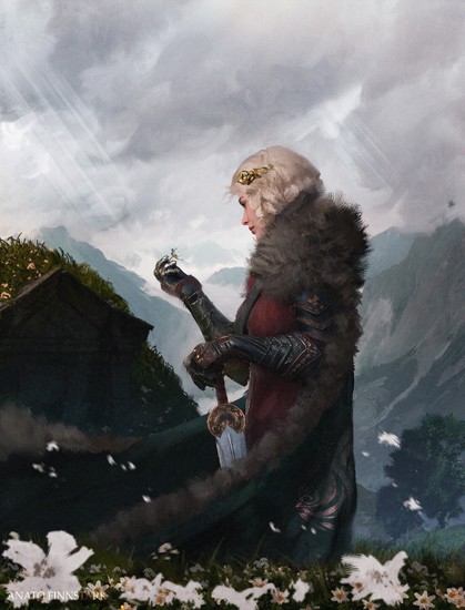 The Lady Eowyn in regal attire with fur and deep red color, as depicted by the artist Anato Finnstark. She is kneeling amongst the cairns of the Rohirrim, at Théoden’s grave. Her left hand rests on Herogrim, while in her right she is holding up a Simbelmynë blossom in contemplation and silent reverie. A ray of light pierces the brooding clouds to fall upon the flowers. 