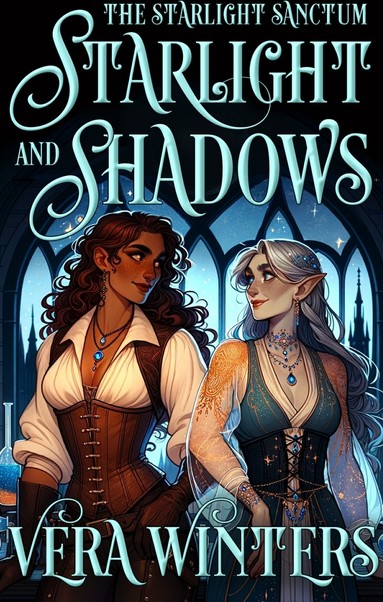 Cover Starlight and shadows. Two women, a darker skinned human and a light skinned elf, looking at each other.