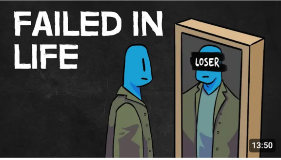 Blue cartoon figure in a camouflage shirt looking into a mirror. The image in the mirror has a black label 