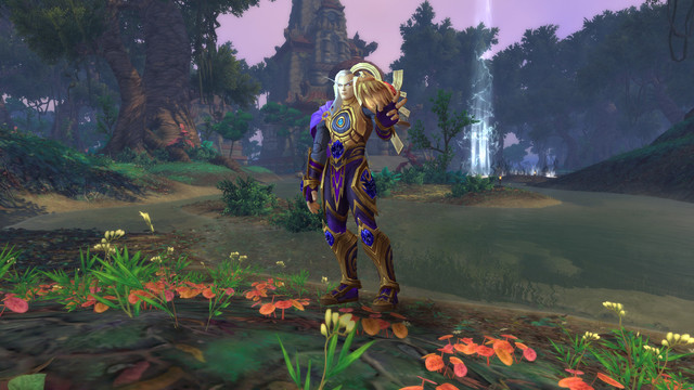 Screenshot of a male Void Elf warrior making a piece sign in the Krasarang Wilds of Pandaria.