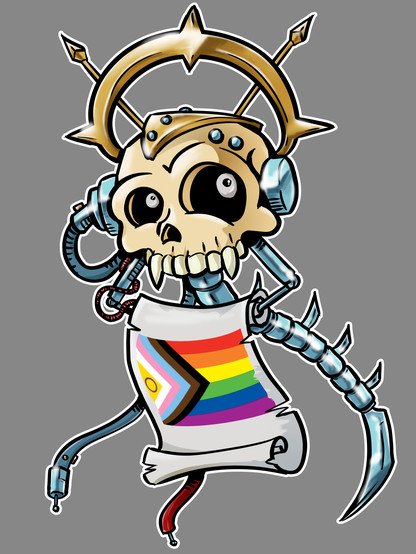 Cartoony drawing of a servo skull carrying a pride flag.