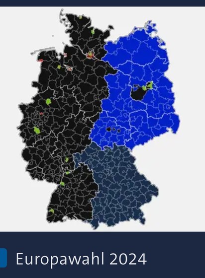 Karte Deutschlands, eingefärbt mit der Farbe der in den Wahlkreisen jeweils stärksten Partei bei den Europawahlen. Es dominieren schwarz, blau und blaugrün mit Einsprengseln von grün und rot.