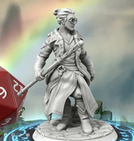 A Hero Forge miniature of a wizard with his hair tied in a bun and a very plain stuff. He's wearing glasses and a long coat.