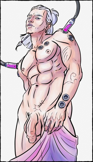 Inkdrawing coloured with watercolours of Krysithius. he's naked except for a sheer purple piece of cloth that is dangling from his left hand. In two of his shoulder ports are infusions of a pinkish liquid. He is seen from below and smirking.