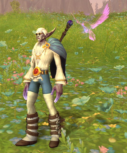 Screenshot of a Nightborne Mage with an Arcane Familiar active. It no longer is just a little ball of lightning, but a pinkish phoenix.
