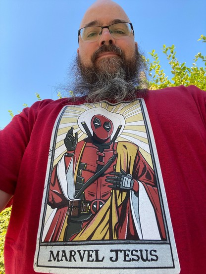 Me, wearing a red shirt with a stylized Deadpool in the vein of religious icon imagery, with a halo and holding up his right hand as if he were bestowing a blessing. Underneath, it reads “Marvel Jesus”. 