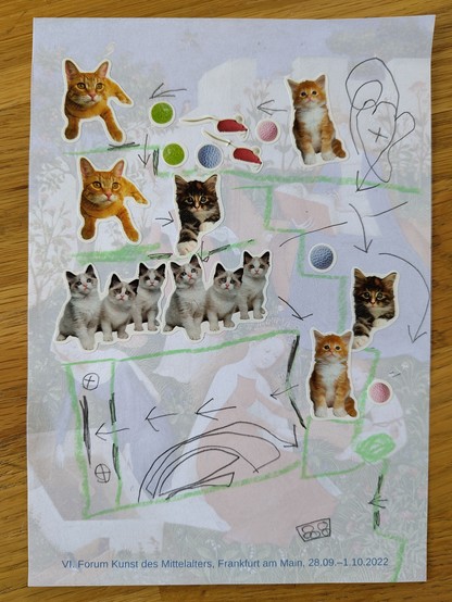 Nyarlathotep's plan using cat stickers, arrows and weird colored shapes.