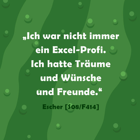 Ich war nicht immer ein Excel-Profi. Ich hatte Träume und Wünsche und Freunde.
Zitat Escher, Folge 414