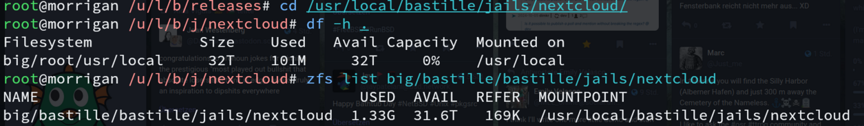 root@morrigan /u/l/b/releases# cd /usr/local/bastille/jails/nextcloud/
root@morrigan /u/l/b/j/nextcloud# df -h . 
Filesystem            Size    Used   Avail Capacity  Mounted on
big/root/usr/local     32T    101M     32T     0%    /usr/local
root@morrigan /u/l/b/j/nextcloud# zfs list big/bastille/bastille/jails/nextcloud
NAME                                    USED  AVAIL  REFER  MOUNTPOINT
big/bastille/bastille/jails/nextcloud  1.33G  31.6T   169K  /usr/local/bastille/jails/nextcloud