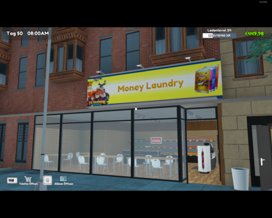 Ein Screenshot aus dem Spiel TCG Card Shop Simulator. Wir sehen die Fensterfront des Ladens von außen in einem Erdgeschoss in einer Straße. Auf einem großen Schild steht umgeben von Bildern der Kartenpacks der Name: Money Laundry (Geldwäscherei).